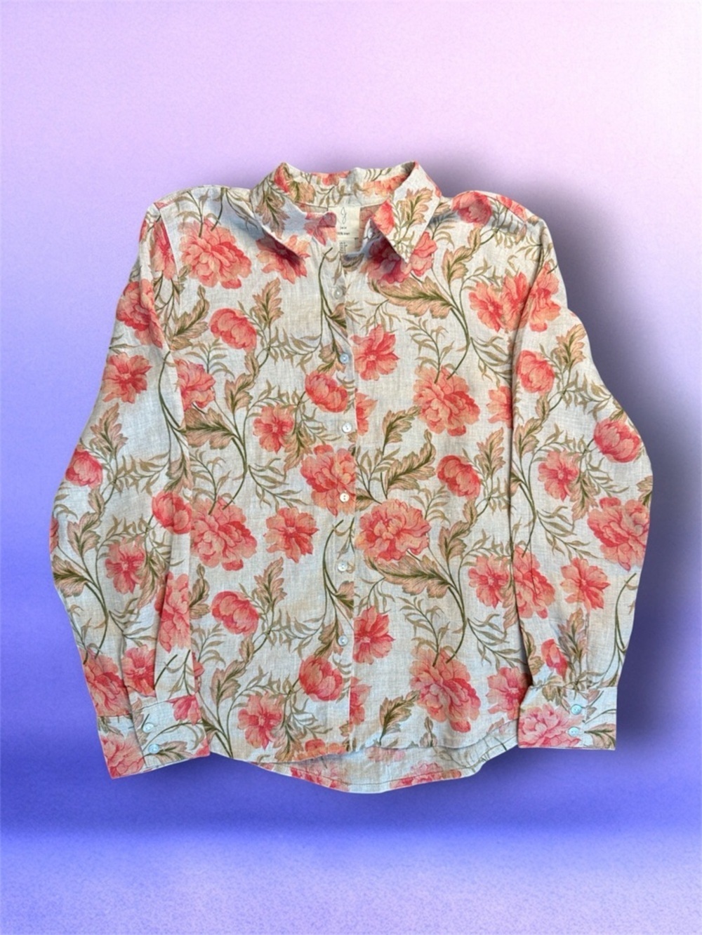 Joie Cream Linen Button Down Shirt with Pink Floral and Green Accents sz S